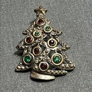 Vintage Elegant Holiday Tree Brooch with Jewel Accents